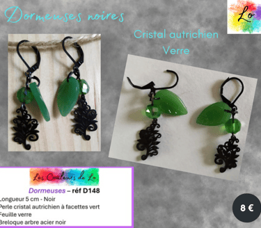 Dormeuses noires cristal autrichien vert feuille verre arbre acier noir Les Couleurs de Lo