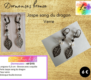 Boucles dormeuses bronze fleur verre Jaspe sang du dragon feuille métal Les Couleurs de Lo