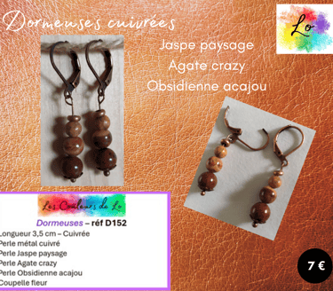 Boucles dormeuses cuivrées Jaspe paysage Agate crazy Obsidienne acajou Les Couleurs de Lo