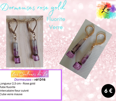 Boucles dormeuses rose gold Fluorite verre mauve Les Couleurs de Lo