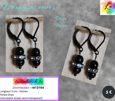 Boucles dormeuses noires Onyx strass verre transparent Les Couleurs de Lo