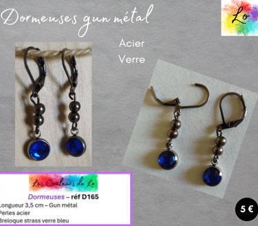 Boucles dormeuses gun métal perles acier strass verre bleu Les Couleurs de Lo