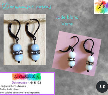 Boucles dormeuses noires Jade blanc strass verre transparent Les Couleurs de Lo