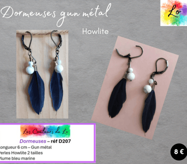 Boucles dormeuses gun métal Howlite plume bleu marine Les Couleurs de Lo