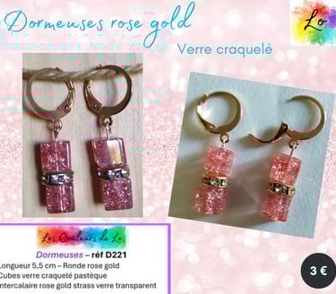 Boucles dormeuses rose gold verre craquelé pastèque strass Les Couleurs de Lo