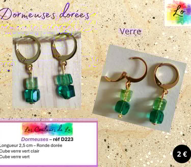 Boucles dormeuses dorées cubes verre vert Les Couleurs de Lo