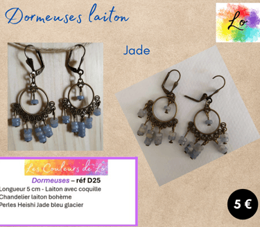 Boucles dormeuses laiton chandelier Jade bleu glacier Les Couleurs de Lo