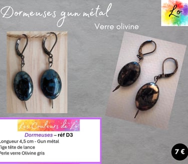 Boucles dormeuses gun métal verre olivine gris Les Couleurs de Lo