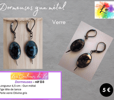 Boucles dormeuses gun métal verre olivine gris Les Couleurs de Lo