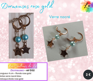 Boucles dormeuses rose gold verre bleu nacré étoile acier Les Couleurs de Lo