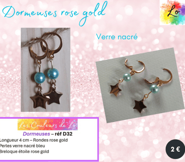 Boucles dormeuses rose gold verre bleu nacré étoile acier Les Couleurs de Lo