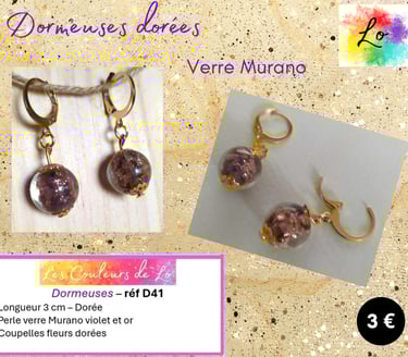 Dormeuses dorées verre Murano violet et doré Les Couleurs de Lo