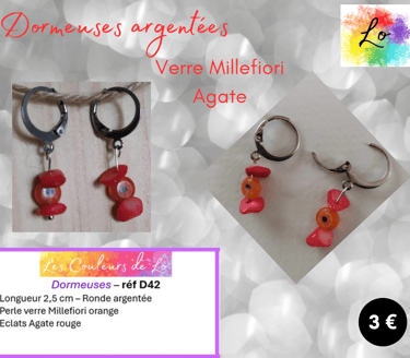 Dormeuses argentées verre Murano Millefiori orange Agate rouge Les Couleurs de Lo