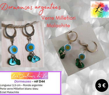 Dormeuses argentées verre Murano Millefiori bleu Malachite Les Couleurs de Lo