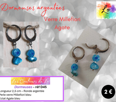 Dormeuses argentées verre Murano Millefiori Agate bleue Les Couleurs de Lo