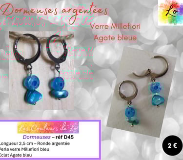 Dormeuses argentées verre Murano Millefiori Agate bleue Les Couleurs de Lo