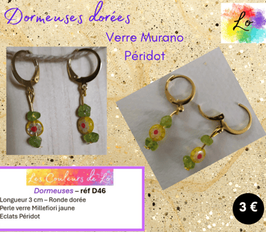 Dormeuses dorées verre Murano Millefiori jaune Péridot Les Couleurs de Lo