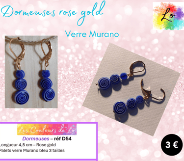 Dormeuses rose gold verre Murano bleu Les Couleurs de Lo