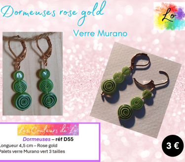 Dormeuses rose gold verre Murano vert Les Couleurs de Lo