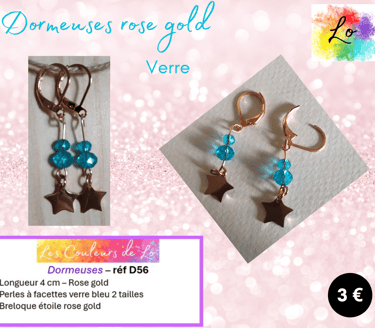 Dormeuses rose gold verre à facettes bleu étoile acier Les Couleurs de Lo