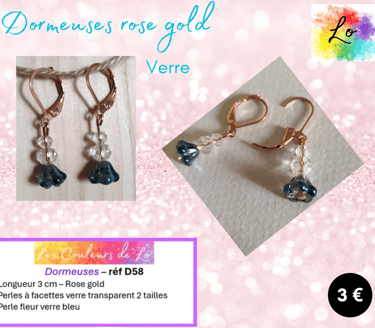 Dormeuses rose gold verre à facettes fleur verre nacré bleu Les Couleurs de Lo