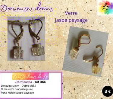 Dormeuses dorées Jaspe paysage cube verre craquelé jaune Les Couleurs de Lo