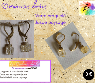 Dormeuses dorées Jaspe paysage cube verre craquelé jaune Les Couleurs de Lo