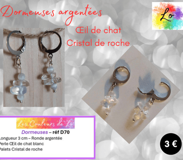 Dormeuses argentées Œil de chat Cristal de roche Les Couleurs de Lo