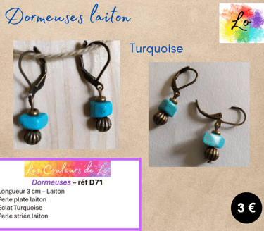 Boucles dormeuses laiton Turquoise perle métal strié Les Couleurs de Lo