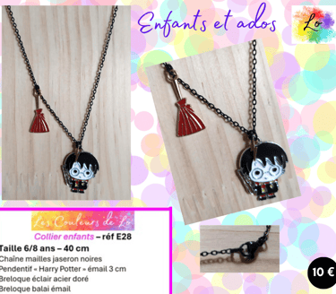 Collier noir pendentif Harry Potter émail éclair acier doré balai émail Les Couleurs de Lo