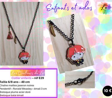 Collier noir pendentif Ronald Weasley émail plume acier doré balai émail Les Couleurs de Lo