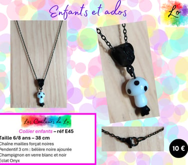 Collier enfant pendentif champignon verre blanc-noir Onyx Les Couleurs de Lo