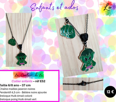 Collier enfant pendentif Hulk émail vert Les Couleurs de Lo