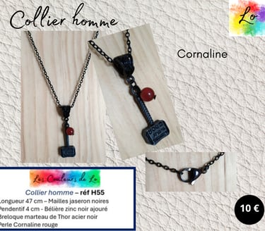 Collier noir marteau de Thor Cornaline rouge Les Couleurs de Lo