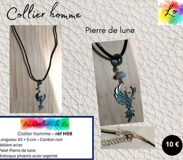 Collier cordon noir Pierre de lune phœnix acier Les Couleurs de Lo