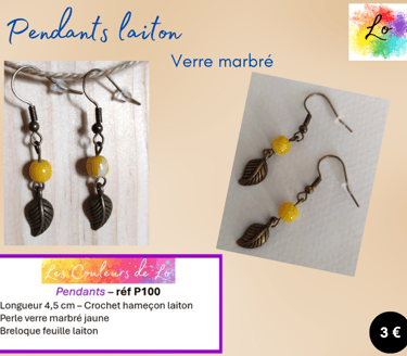 Boucles pendants laiton verre marbré jaune feuille acier Les Couleurs de Lo