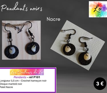 Pendants noirs disque noir martelé Nacre Les Couleurs de Lo