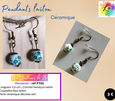 Boucles pendants laiton céramique décorée vert Les Couleurs de Lo