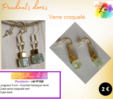 Pendants dorés cube métal doré cube verre vert Les Couleurs de Lo