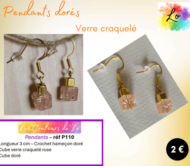 Pendants dorés cube métal doré cube verre craquelé rose Les Couleurs de Lo