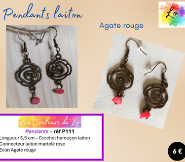 Boucles pendants laiton fleur métal Agate rouge Les Couleurs de Lo