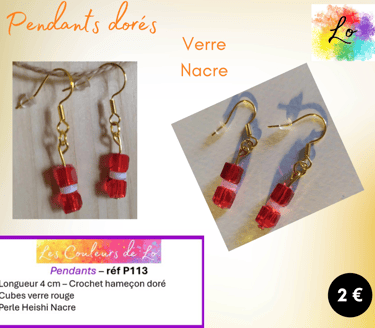 Pendants dorés cubes verre rouge Nacre Les Couleurs de Lo