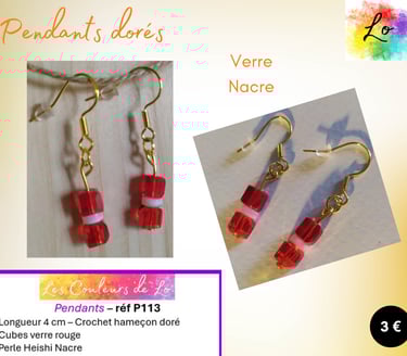 Pendants dorés cubes verre rouge Nacre Les Couleurs de Lo