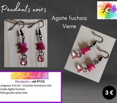 Pendants noirs Agate fuchsia goutte verre rose Les Couleurs de Lo