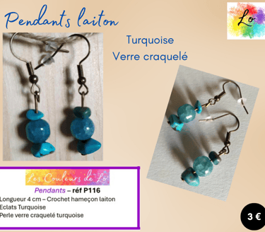 Boucles pendants laiton Turquoise verre craquelé turquoise Les Couleurs de Lo