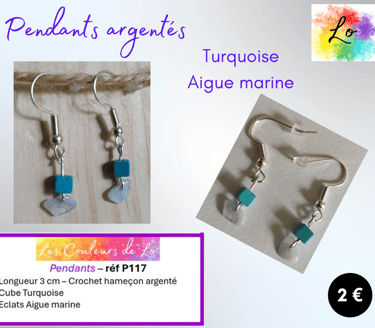 Pendants dorés cube Turquoise Aigue marine Les Couleurs de Lo