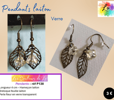 Boucles pendants laiton fleur verre nacré feuille métal Les Couleurs de Lo