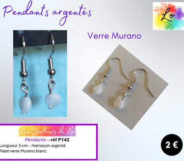 Pendants argentés verre Murano blanc Les Couleurs de Lo