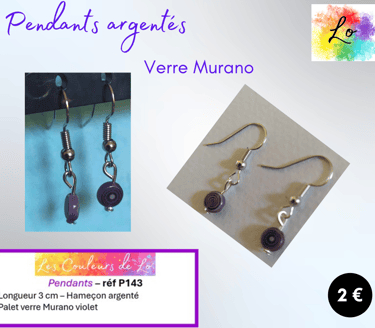 Pendants argentés verre Murano violet Les Couleurs de Lo