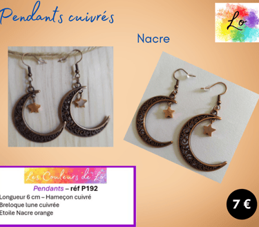 Boucles pendants cuivrés lune métal étoile Nacre orange Les Couleurs de Lo